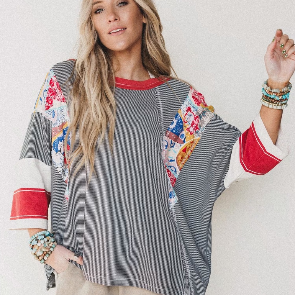 Patchwork Oversized Long Sleeve Top Boho Bohemian… - image 1